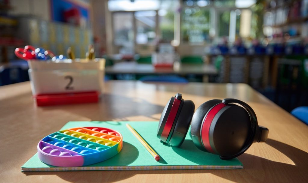 Ear Defenders Or Headphones And Fidget Toy To Help Child With ASD Or Autism On Table In School Classroom