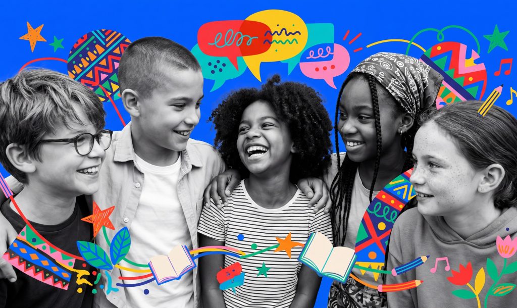 Happy diverse group of elementary school children hugging and smiling together with colorful doodles and educational elements