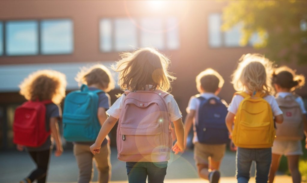 Educational background. Back to school concept with a group of children walking happily on a backpack walking to the school building in the sun