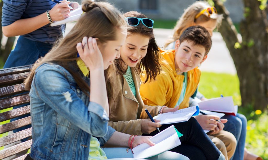 education, high school and people concept - group of happy teenage students with notebooks learning at campus yard